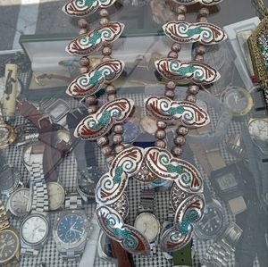Vintage Large Navajo Squash Blossom sterling with inlay coral and turquoise.